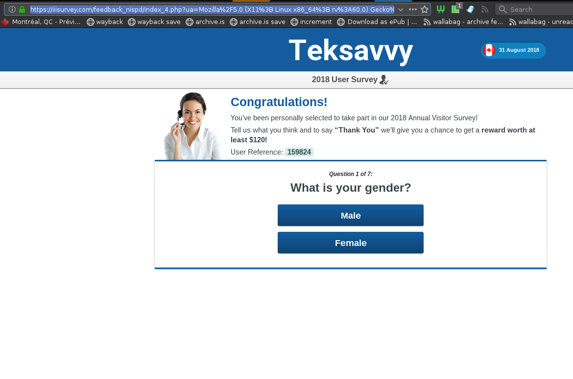Screenshot of a web page loaded from iiisurvey.com announcing I won the chance to answer to a survey for Teksavvy